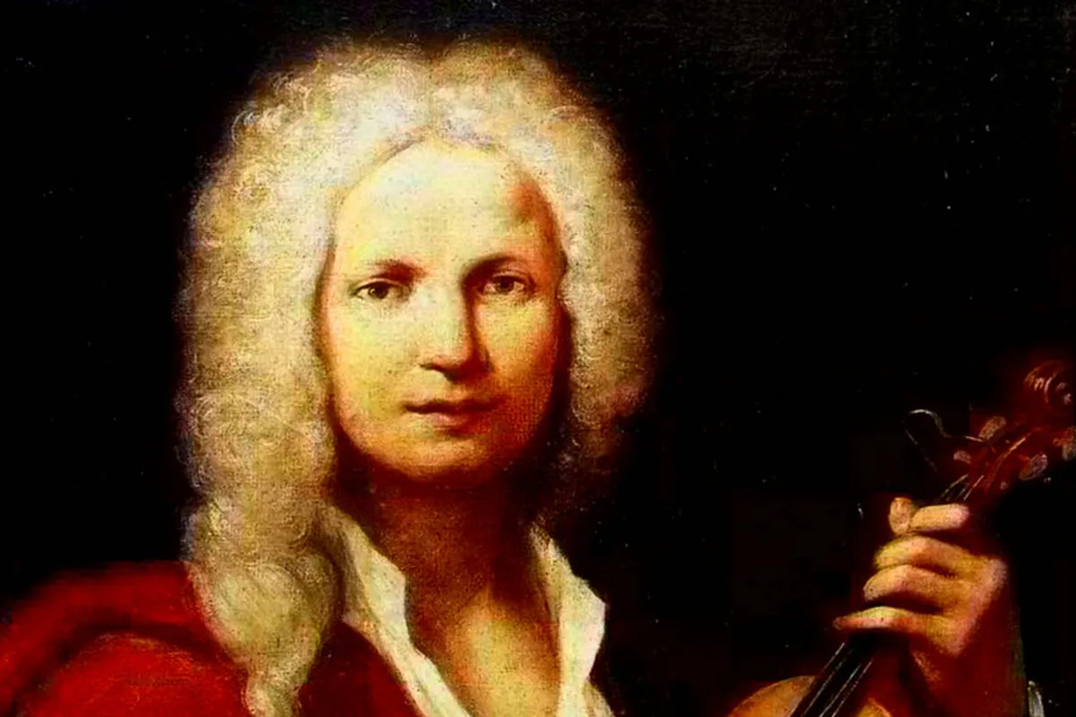 A painted portrait of Antonio Vivaldi in a red coat holding a violin